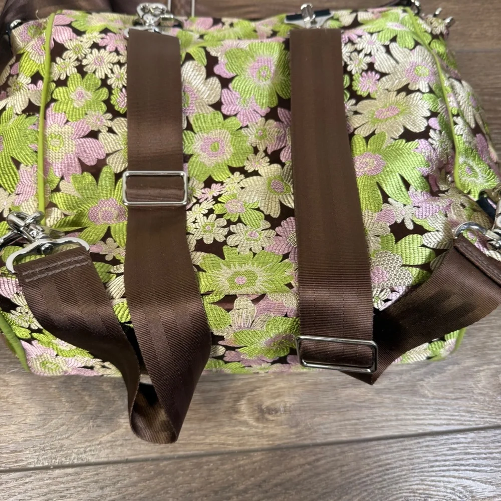 Petunia Pickle Bottom Boxy Backpack, Green Floral, Vintage, Shoulder Strap